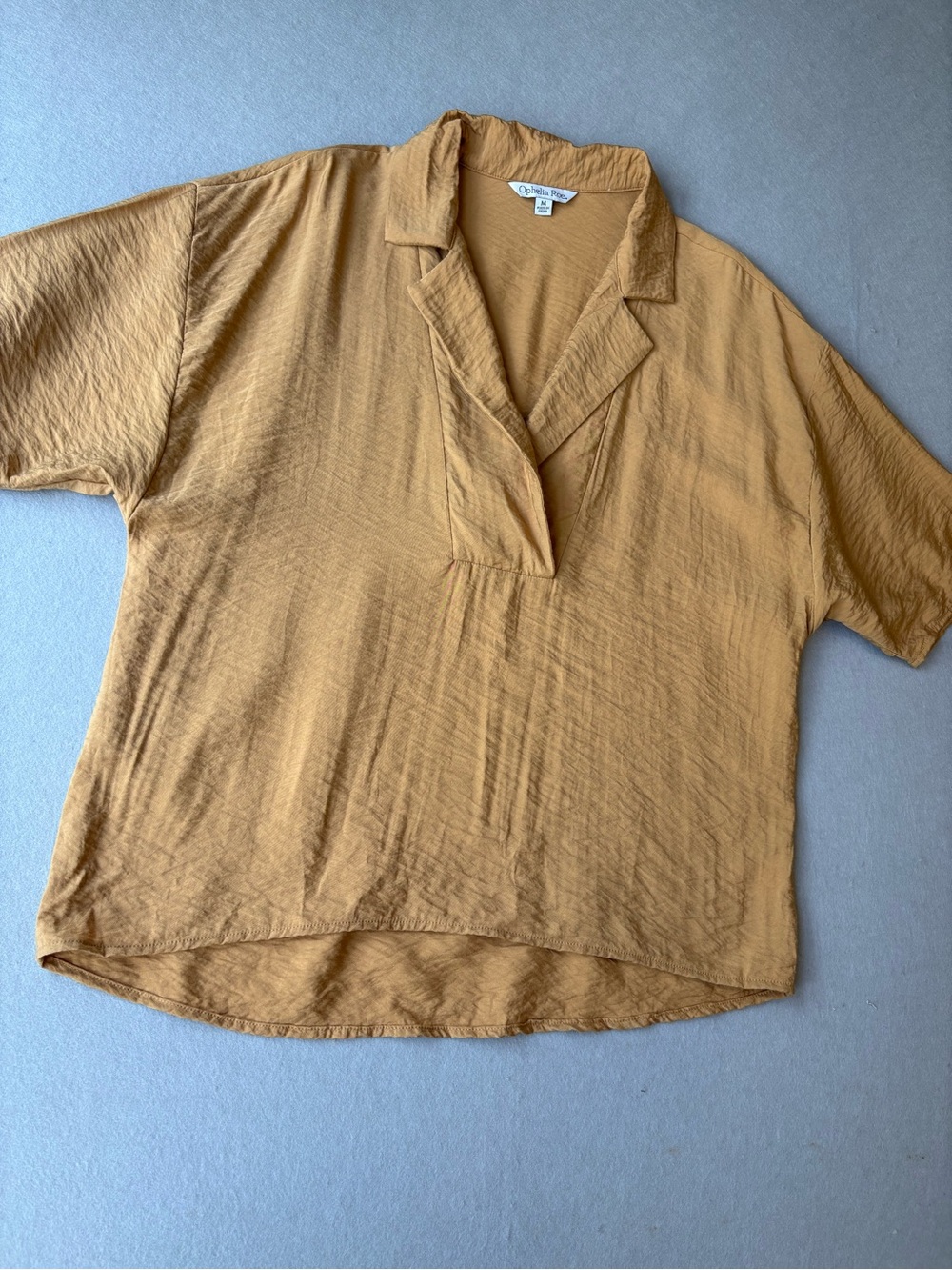 Ophelia Roe Crinkle Popover Split-Neck Relaxed Chic Blouse in Mustard M Anthro